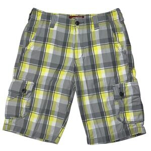 Arizona Plaid Cargo Shorts Gray Yellow Pockets Casual Kids Youth Size 20 REG‎